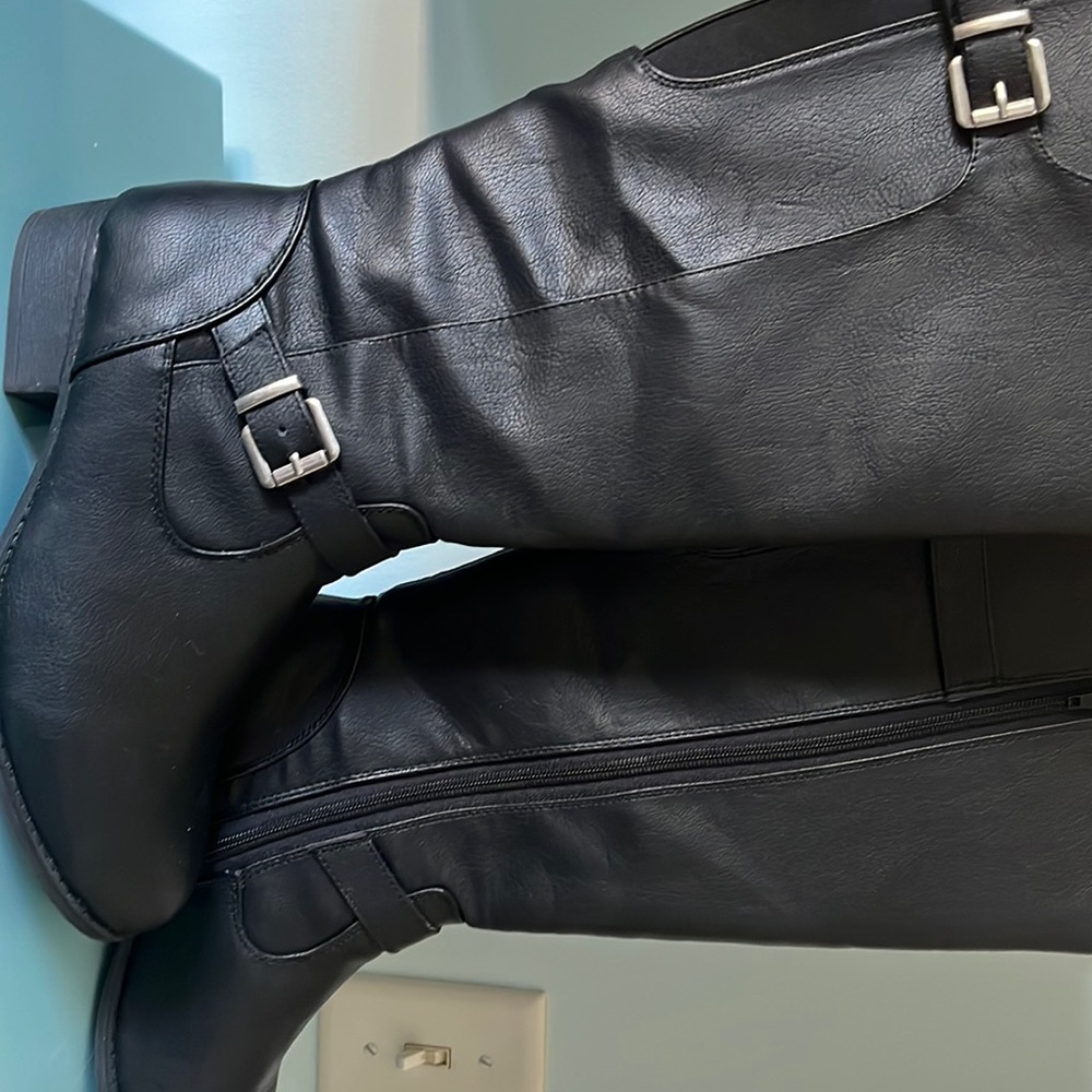 Black Wide calf boots with silver accents and memory foam